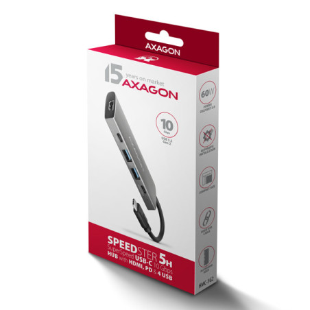 AXAGON HMC-5G21, USB 10Gb/s hub, porty 2x USB-A, 2x USB-C, HDMI 4k/30, PD 60W, kábel USB-C 13cm
